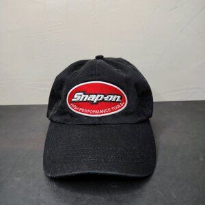VINTAGE Snap On Hat Cap Strap Back Black Red Embroidered Logo